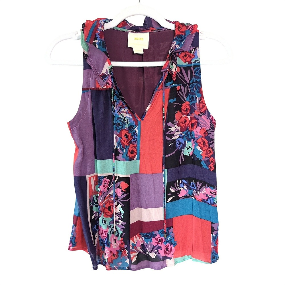 Maeve Anderson Patchwork Blouse XS Multi Color Floral Ruffle Tie Neck Sleeveless